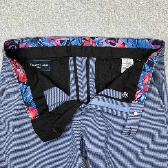 Paisley Gray Pants Mens 34x32 Slim Fit White Blue Seersucker Preppy - Picture 4 of 9